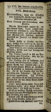 XVII. Abtheilung. Unterweisung, was ein Künstler und Handwerks-Geselle beym Brief-Schreiben beobachten soll.