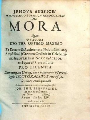 Dispvtatio Jvridica Inavgvralis De Mora