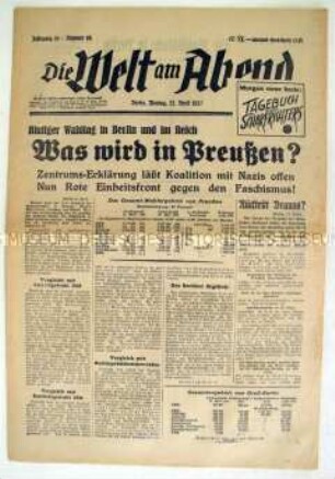 Kommunistische Berliner Abendzeitung "Die Welt am Abend" zu den Ergebnissen der Landtagswahl in Preußen