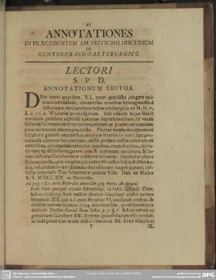 Annotationes In Praecedentem Ah. Fritschii Discursum De Gunthero Schwartzburgico
