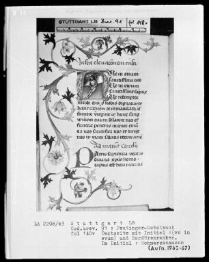 Gebetbuch des Konrad Peutinger — Initiale A(ve in evum) mit Schmerzensmann und anschließender Ranke, Folio 148verso