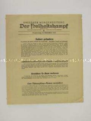 Nachrichtenblatt der sächsischen NSDAP-Zeitung "Der Freiheitskampf" mit Kurzmeldungen von verschiedenen Kriegsschauplätzen u.a. über die Schlacht im Pazifik bei Bougainville ziwischen Japan und den Allierten