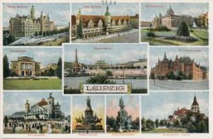 Leipzig: Neues Rathaus, Altes Rathaus, Reichsgericht, Konzerthaus, Augustusplatz, Buchhändlerhaus, Palmengarten, Siegesdenkmal, Bismarckdenkmal, Zoologischer Garten