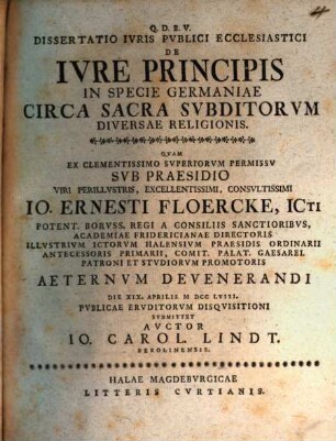 Diss. iur. publ. eccl. de iure principis, in specie Germaniae, circa sacra subditorum diversae religionis