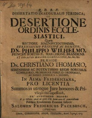 Tractatio iuridica de desertione ordinis ecclesiastici