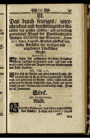 III. Das durch feuriges / unerschrocknes und durchdringendes Anrücken des grossen Helden [...]