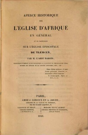 Apercu historique sur l'église d'Afrique en général et en particulier sur l'église épiscopale de Tlemcen