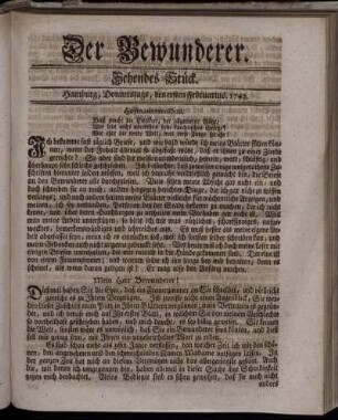 Zehendes Stück. Hamburg, Donnerstags, den ersten Februarius. 1742.