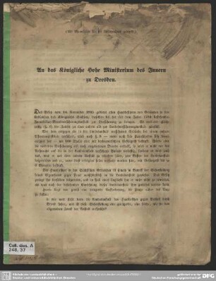 An das Königliche Hohe Ministerium des Innern zu Dresden : [Petition an das kgl. hohe Ministerium des Innern zu Dresden, v. 8. Sept. 1845 das Immobiliar-Brandversicherungswesen betr.]