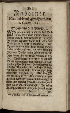 Neun und dreyßigstes Blatt, den 1. October, 1742.