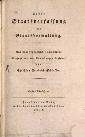 Über Staatsverfassung und Staatsverwaltung, 1 (1816)