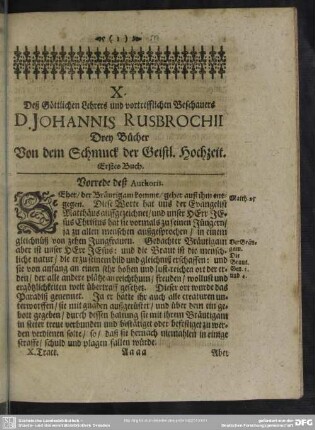 X. Deß Göttlichen Lehrers und vortrefflichen Beschauers D. Johannis Rusbrochii Drey Bücher Von dem Schmuck der Geistl. Hochzeit