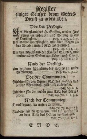 Register einiger Seufzer beym Gottes- Dienst zu gebrauchen.
