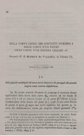 Sulla curva luogo dei contatti d´ordine k delle curve d´une fascio colle curve d´un sistema lineare.