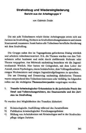 341-348, Strafvollzug und Wiedereingliederung. Bericht aus der Arbeitsgruppe V