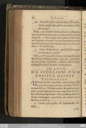 In Loco De Fidelium Cum Christo Unione. Theoremata.