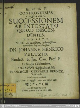 Controversias Aliquot Circa Successionem Ab Intestato Quoad Descendentes