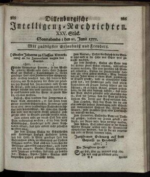 XXV. Stück. Sonnabends: den 21. Junii 1777.