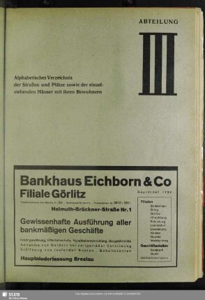 Abteilung III. Häuserbuch : Abteilung III. Alphabetisches Verzeichnis der Straßen und Plätze sowie der einzelstehenden Häuser mit ihren Bewohnern