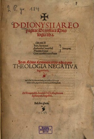 D. Dionysii Areopagitae De mystica Theologia lib. I. : Graece