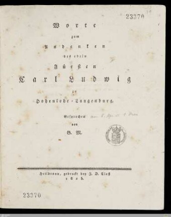 Worte zum Andenken des edeln Fürsten Carl Ludwig zu Hohenlohe-Langenburg