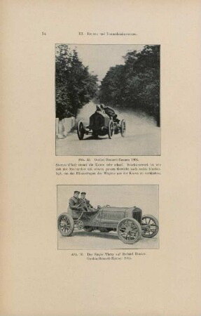 Abb. 55. Gordon-Bennett-Renen 1904. Storero (Fiat) nimmt die Kurve sehr scharf. Beachtenswert ... Abb. 56. Der Sieger Théry und Richard Brasier. Gordon-Bennett-Rennen. 1905