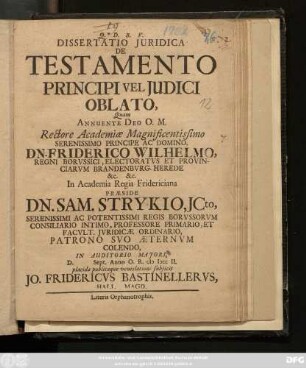Dissertatio Juridica De Testamento Principi Vel Judici Oblato