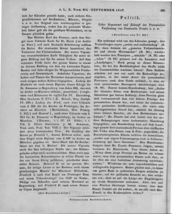 Frantz, C.: Ueber Gegenwart und Zukunft der Preussischen Verfassung. Halberstadt: Frantz 1846 (Beschluss von Nr. 213)