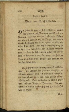 Fünftes Kapitel. Von der Aristokratie. - Sechstes Kapitel. Von der Monarchie.