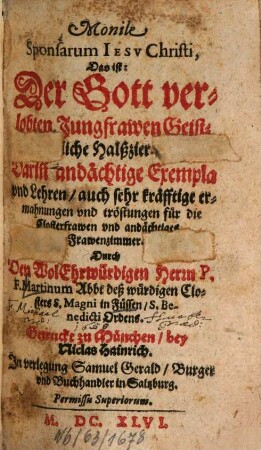 Monile sponsarum : d.i. der gottverlobten Jungfr. Geistl. Halszier