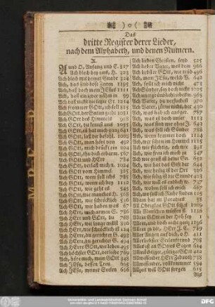 Das dritte Register derer Lieder, nach dem Alphabeth, und denen Numern.