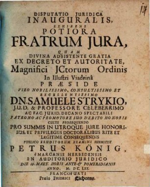 Disputatio Juridica Inauguralis, Exhibens Potiora Fratrum Jura