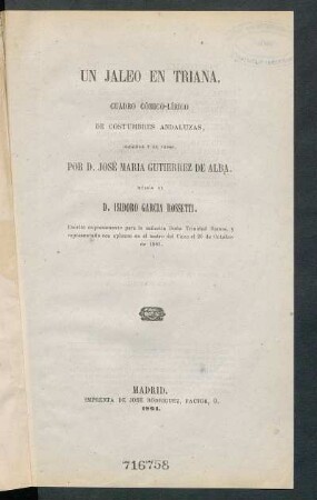 Un jaleo en Triana : cuadro cómico-lírico de costumbres andaluzas, original y en verso