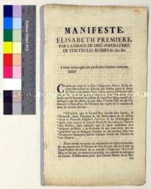 Manifest von Elisabeth I. Zarin von Russland anlässlich ihrer Thronbesteigung