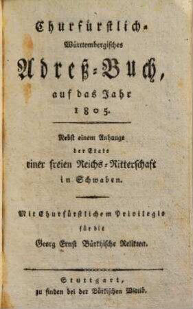 Churfürstlich-Württembergisches Adreßbuch auf das Jahr 1805