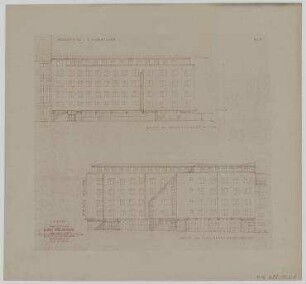 Messehotel (nicht realisiert) – 2. Vorentwurf: Westansicht, Südansicht. Berlin-Wilmersdorf, Kaiserdamm, Messedamm, Bredtschneiderstraße
