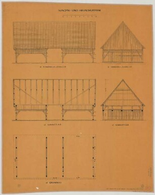 Osterwick (Kreis Coesfeld): Hof Averkamp. Wagen- und Heuschuppen (Grundriss, Nordostansicht, Nordwestansicht, Schnitte)