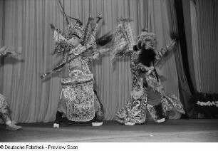 Tänzer des chinesischen Jugend-Kunst-Ensembles in aufwendiger Kostümierung bei einer Aufführung