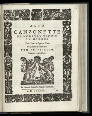 Orazio Vecchi: Canzonette ... Libro terzo a quattro voci ... Seconda Impressione. Alto