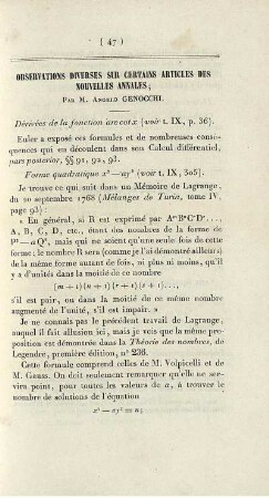 Observations diverses sur certains articles des nouvelles annales.