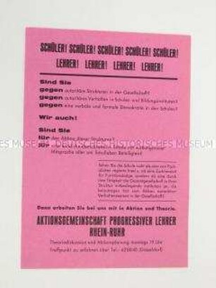 Propagandaflugblatt der Aktionsgemeinschaft Progressiver Lehrer mit einem Aufruf zur Mitarbeit an einem demokratischen Schulsystem