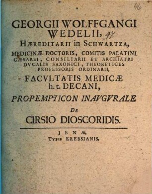 Georgii Wolffgangi Wedelii ... Propempticon inaugurale de cirsio Dioscoridis