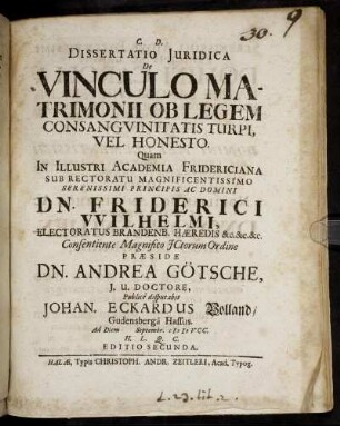 Dissertatio Iuridica De Vinculo Matrimonii Ob Legem Consanguinitatis Turpi Vel Honesto