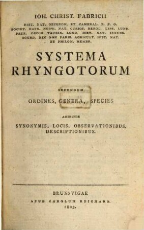 Ioh. Christ. Fabricii ... Systema Rhyngotorum secundum ordines, genera, species : adiectis synonymis, locis, observationibus, descriptionibus