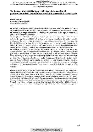 The transfer of nominal (ordinary individual) to propositional (phenomenal individual) properties in German particle verb constructions