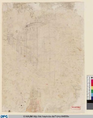 Zwei Architekturskizzen und zwei Figurenskizzen