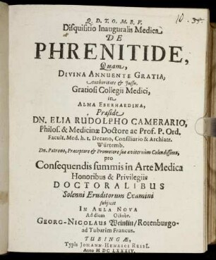 Disquisitio Inauguralis Medica De Phrenitide