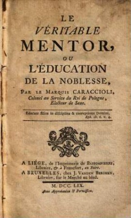 Le véritable mentor, ou l'éducation de la noblesse