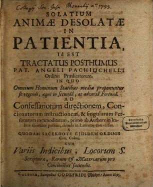 Solatium animae desolatae in patientia