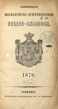 Schwerinscher-Staatskalender von Mecklenburg. 1870